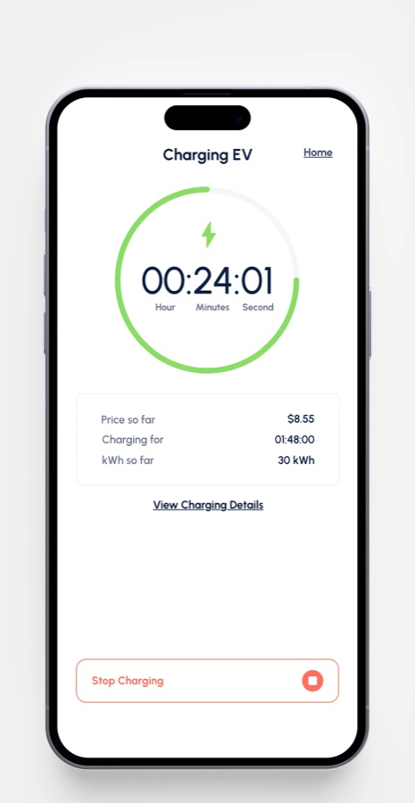 The Wevolt app showing a charge in progress — a 00:24:01 timer, 30 kWh, $8.55, and a Stop Charging button
