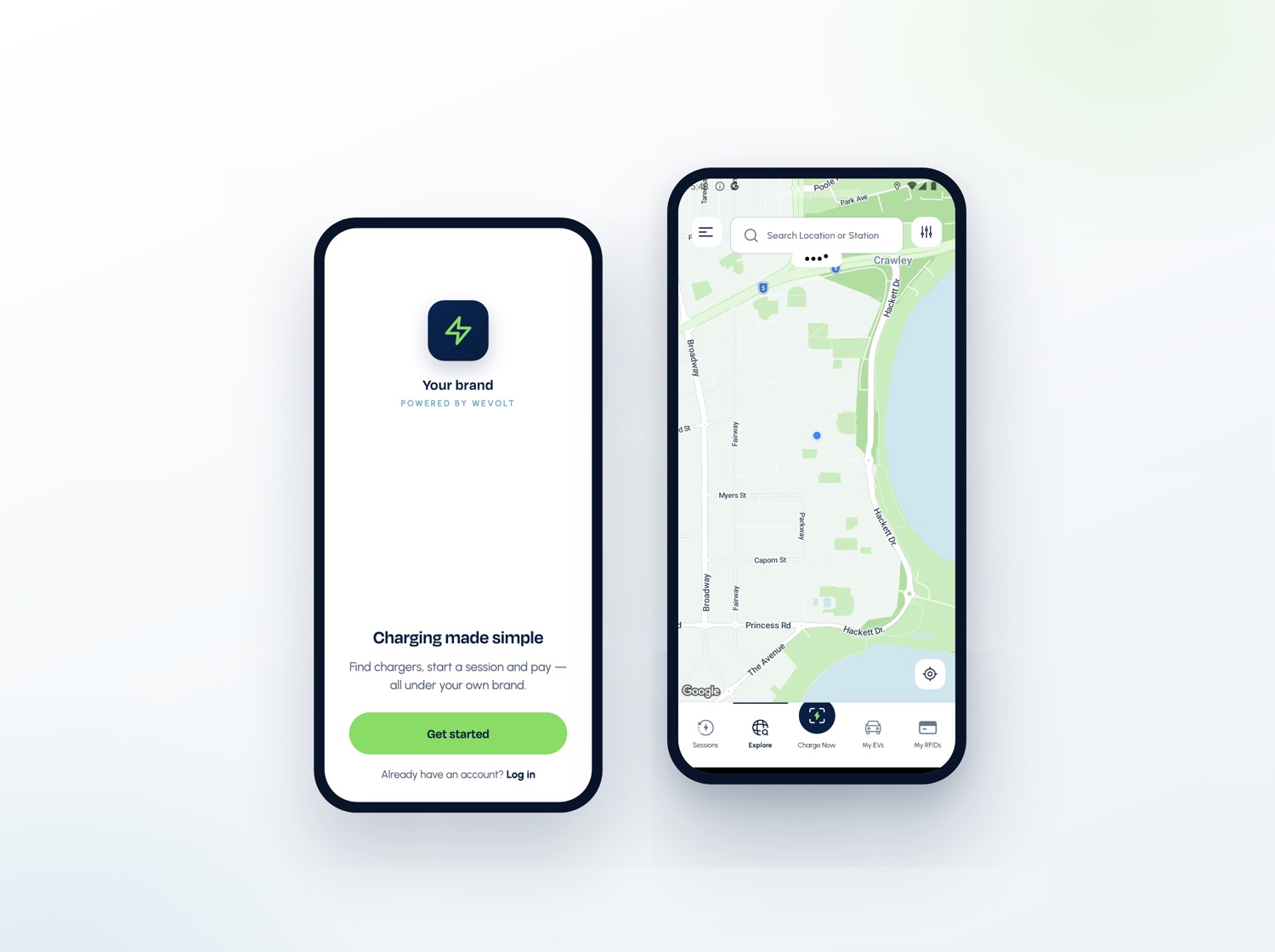 The Wevolt white-label app — a branded home screen beside a live charger map